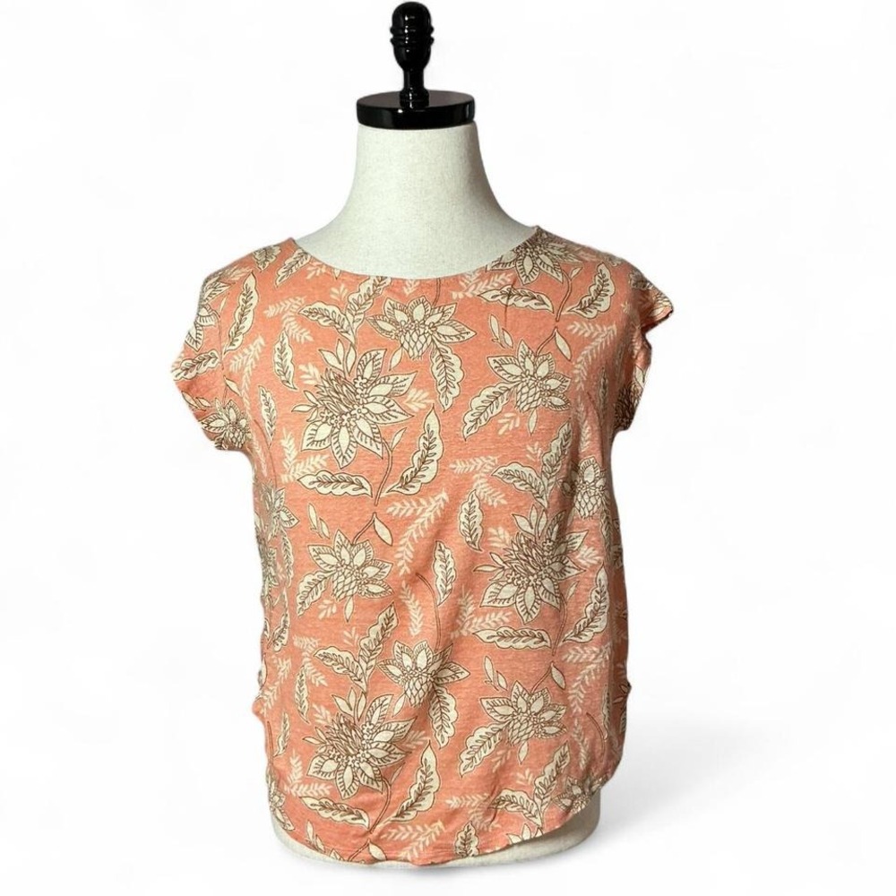 Rachel Zoe Womens Coral Pink 100% Linen Floral Cap Sleeve Blouse Top Large‎